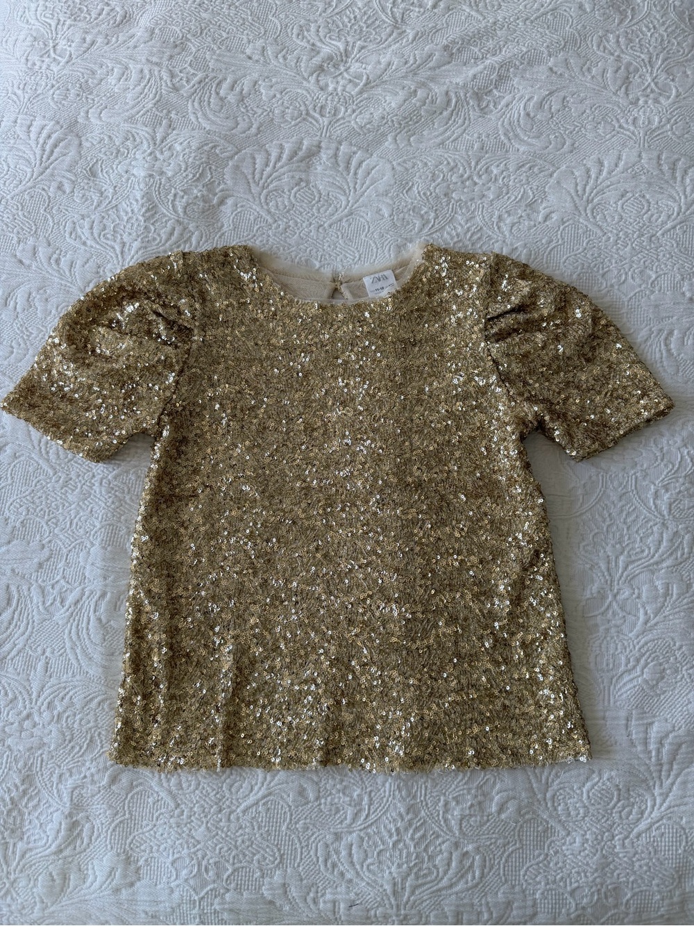 Zara Gold Sequin Puff Sleeve Top - Shimmery Short Sleeve Tee